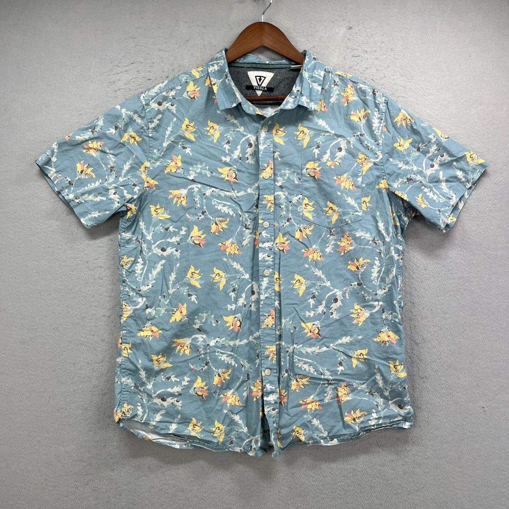 Vissla Hawaiian Shirt Mens Large Blue Floral Tropical Resort Organic Cotton Surf